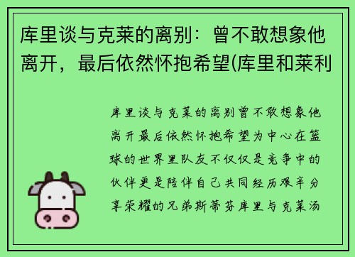 库里谈与克莱的离别：曾不敢想象他离开，最后依然怀抱希望(库里和莱利)