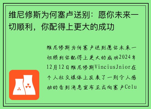 维尼修斯为何塞卢送别:愿你未来一切顺利,你配得上更大的成功