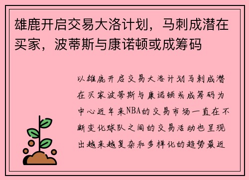 雄鹿开启交易大洛计划，马刺成潜在买家，波蒂斯与康诺顿或成筹码